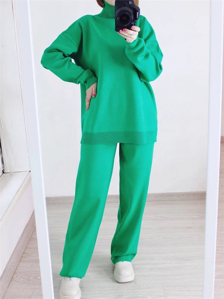 Autumn Winter 2 Pieces Women Sets Knitted Tracksuit Turtleneck Sweater