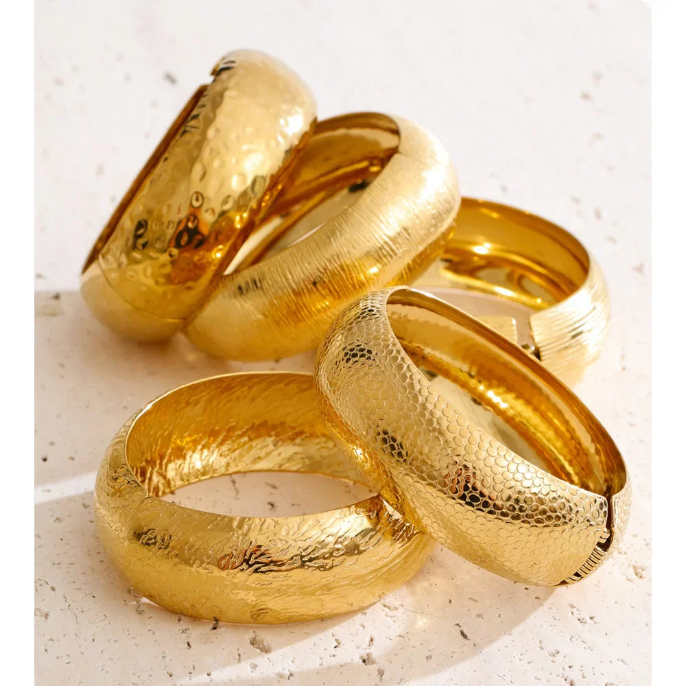 Yhpup 66mm Old Money Style Stainless Steel Hammer Metal Statement Bracelets Bangle Waterproof Vintage Minimalist Jewelry New