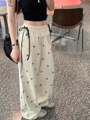 College Chic Cute Bow Knot Full Printed Pants White Lace Patchwork Sweet Ladies