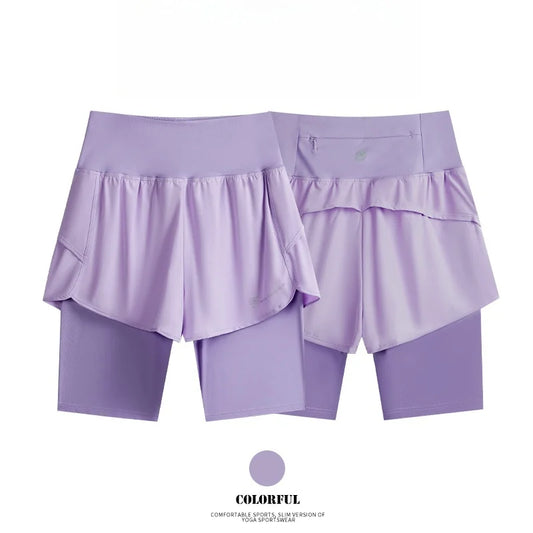 DRUR Yoga Shorts Women Summer Fake Two Piece High Waist Loose Gym Shorts With Pocket Ladies Lightweight Fitness Running Clothes