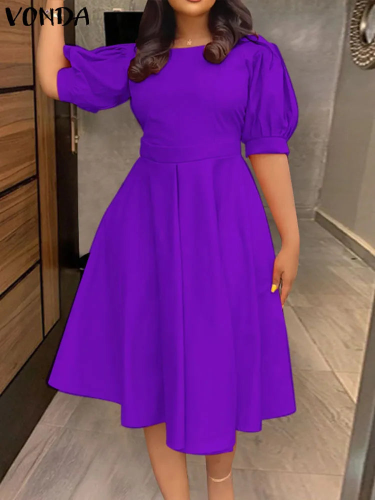 Plus Size 5XL VONDA Women Wedding Dress Sexy Backless Solid Buttons Midi Vestidos Summer Short Sleeve Pleated Casual Party Robe