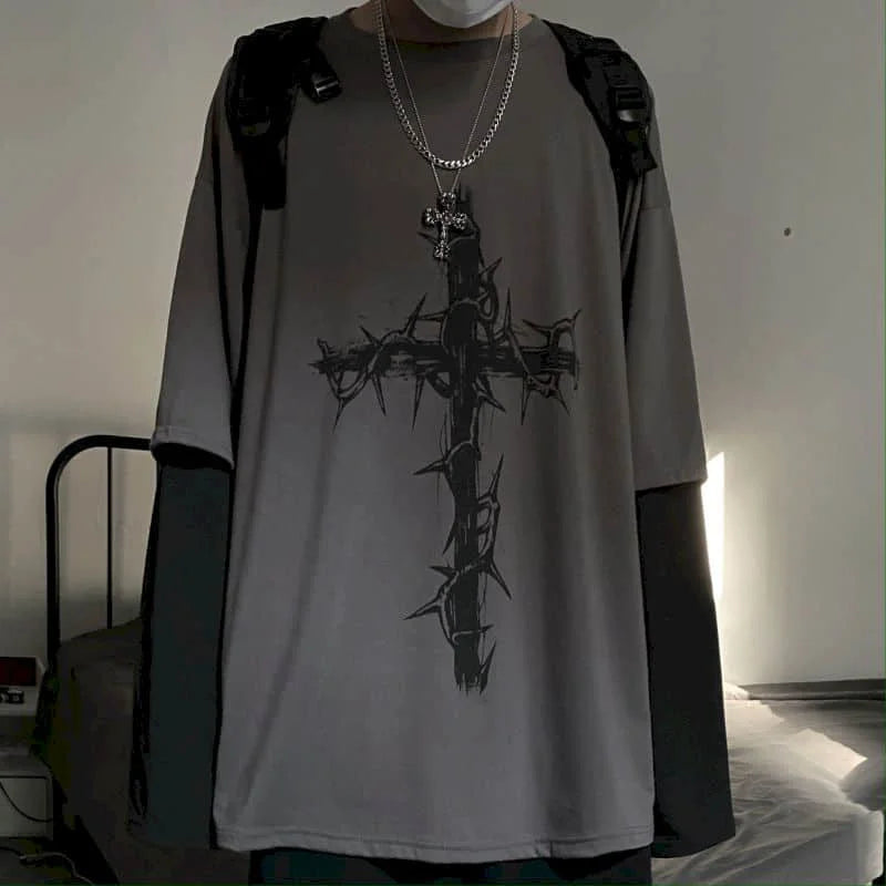 T-shirt for Men Summer Cross of Thorns Suitcase Men's T-shirts Long-sleeved Dark Hip-hop Men's oversize t-shirt Y2k T Shirt Tops