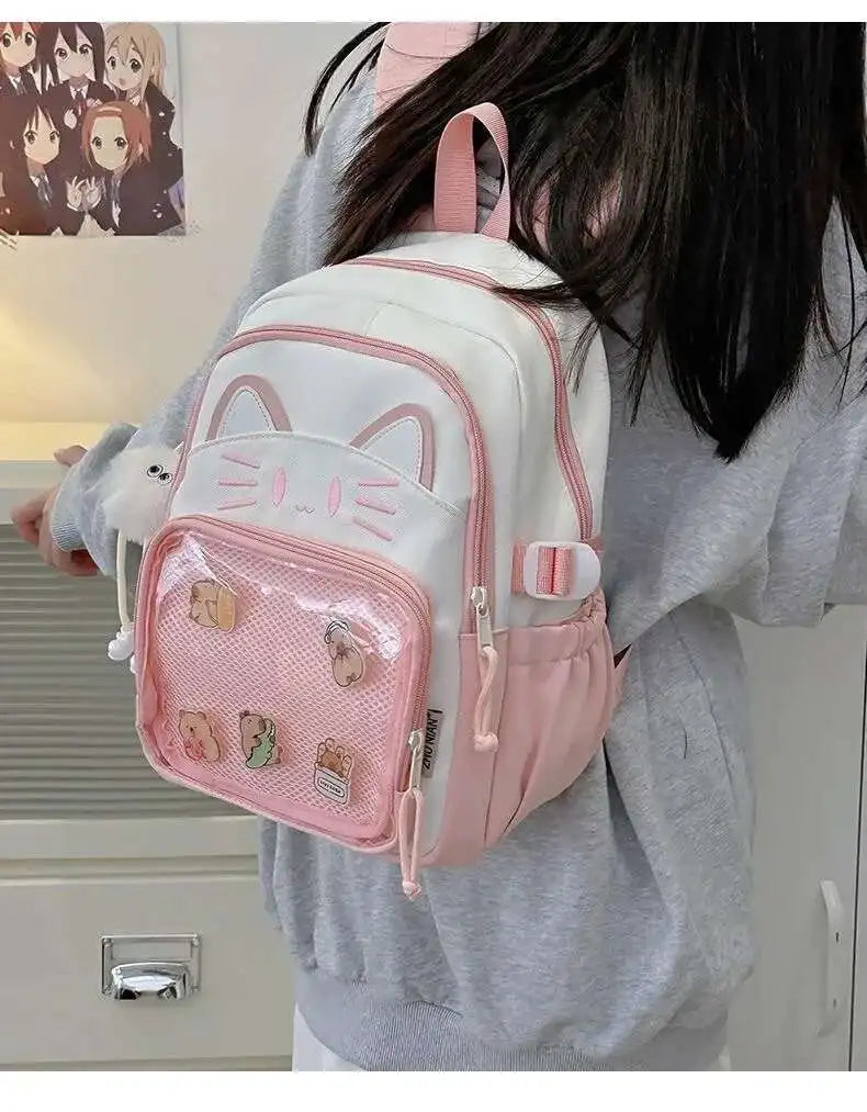 Y2K Cute Cat Ita Backpacks Large Capacity Knapsack Casual Girl Transparent DIY Display Rucksack Cartoon Trendy Travel Schoolbags