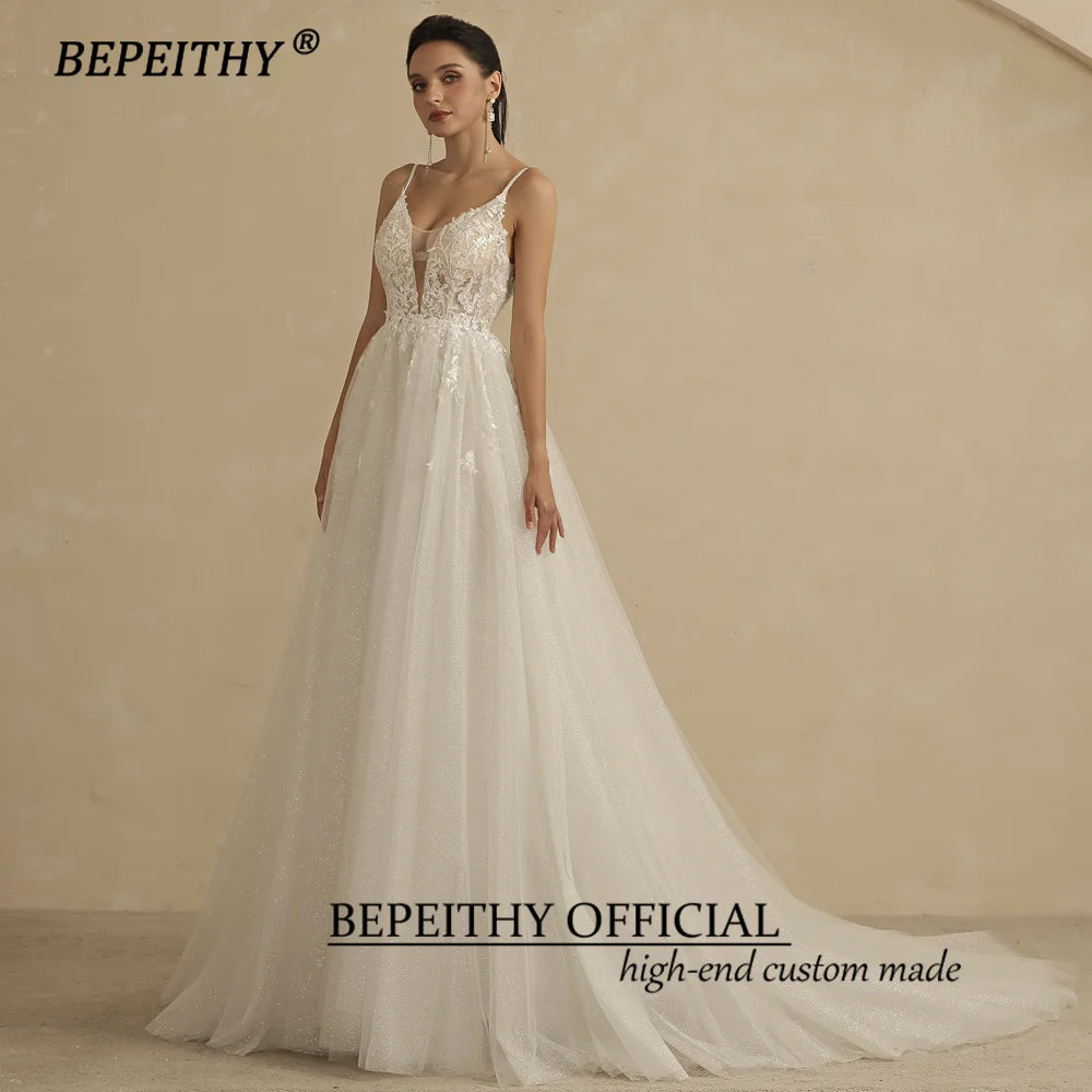 White Bridesmaid Dresses: Deep V Neck Spaghetti Straps A Line Lace Wedding Dresses