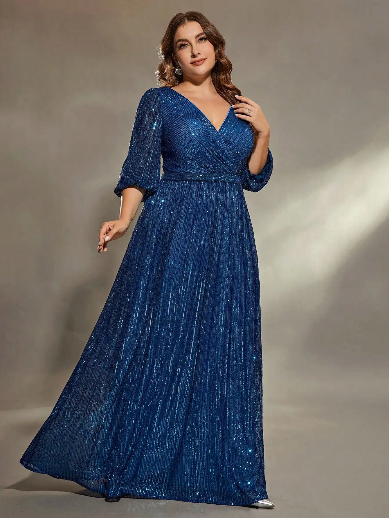 Mgiacy plus size V-neck bust pleated mid-long sleeve A-frame sequin long dress Evening gown PROM dress Party dress