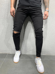 Distressed Knee Holes Elastic Skinny Jeans Men Ripped Biker Denim Pants