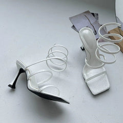Women Sandals Cross Ankle Stiletto Heels Female Slides Narrow Band