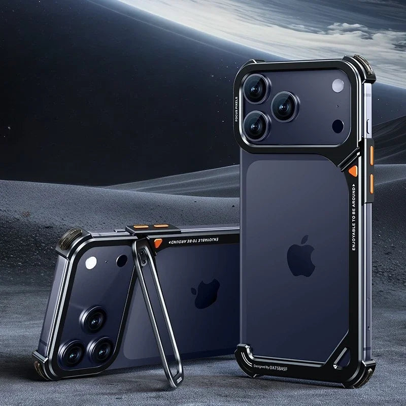 Eary 9-Shaped for iPhone 17 Pro Max 17 Pro Phone Case for Magsafe Wireless Charging With Lens Holder Stand Metal Frameless Shell