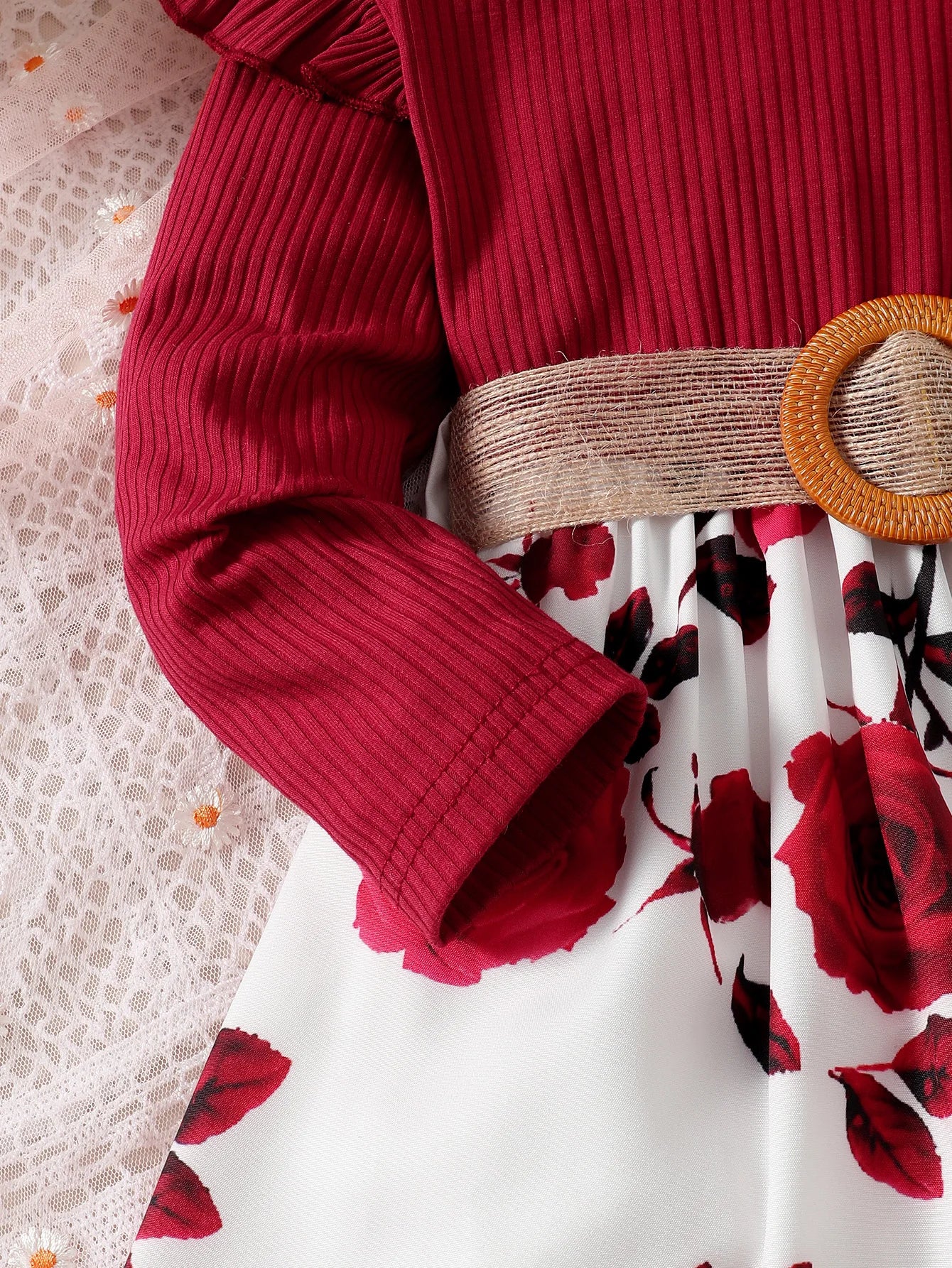 Children Girls Dress Red Long Sleeved Flower Skirt for Birthday
