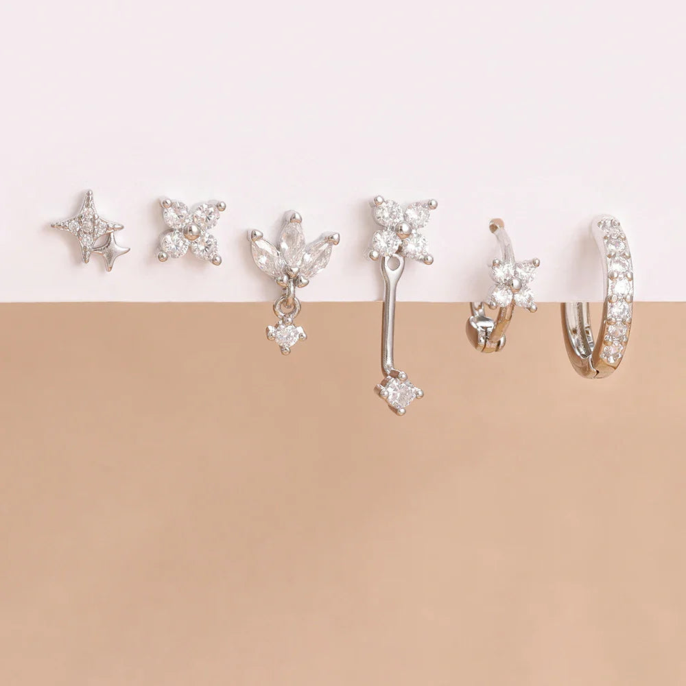 6PCS Fashion Cute Zircon Flower Ear Stud For Women Fashion 18K Gold Plated Star Ear Stud Earring Piercing Girl Set Jewelry Gift