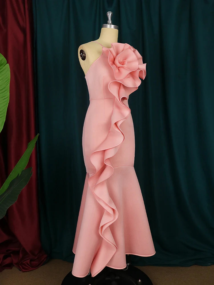 Evening wear Dresses: Pink Long Prom Dresses Backless Flower Ruffles