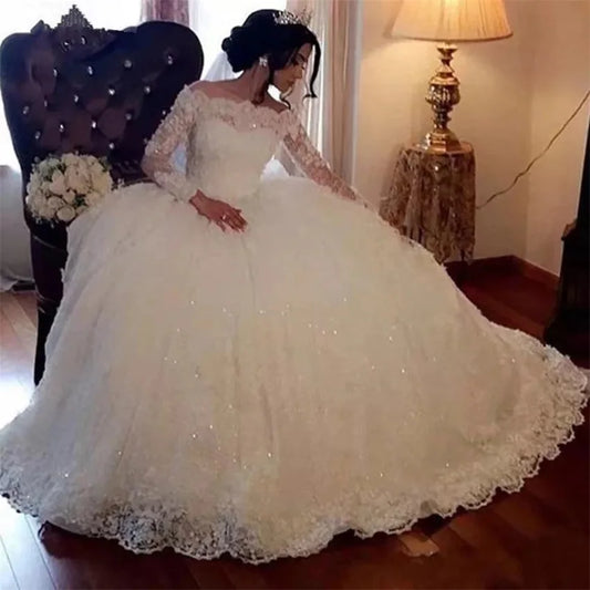 White Bridesmaid Dresses: White Ball Gown Long Sleeves Wedding Dress Lace