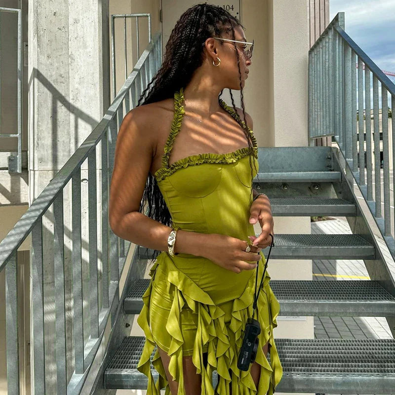 Hugcitar Elegant Halter Solid Ruffles Backless Taseel Sexy Slim Mini Dress Spring Women Cute Outfits Birthday Party Vacation