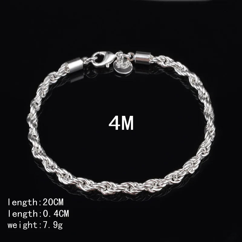 4MM Silver Plated Twisted Rope Bracelet Jewelry For Women And Men Fashion Chain Charm Flash Jewelry Accessories