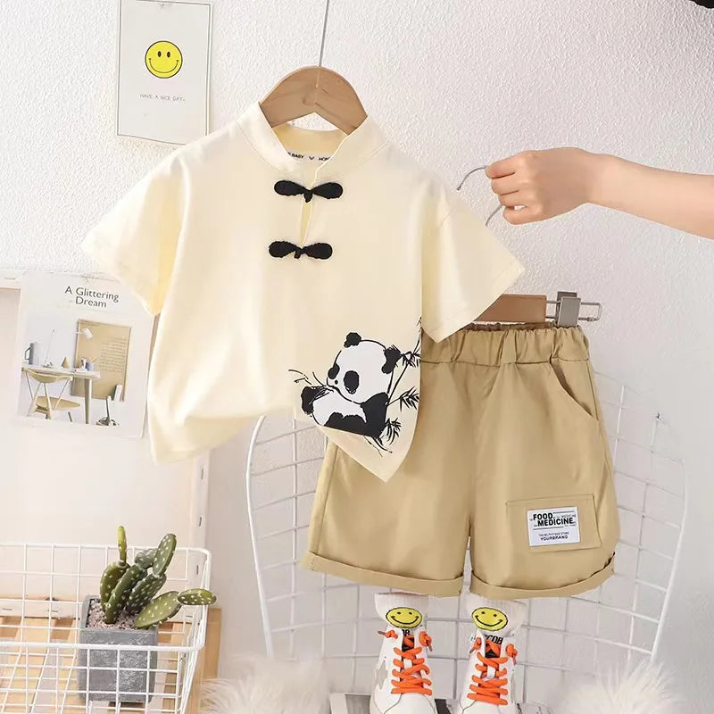 Summer Boys Chinese-Style Set Children's Clothing Short Sleeve Panda Printed Shirt+Shorts For Toddler Kids Causal Outfit Clothes