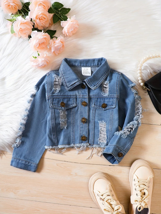 Girls' Raw Edge Short Denim Jacket WithLid Pocket Button Casual Coat Top For Children's Wear