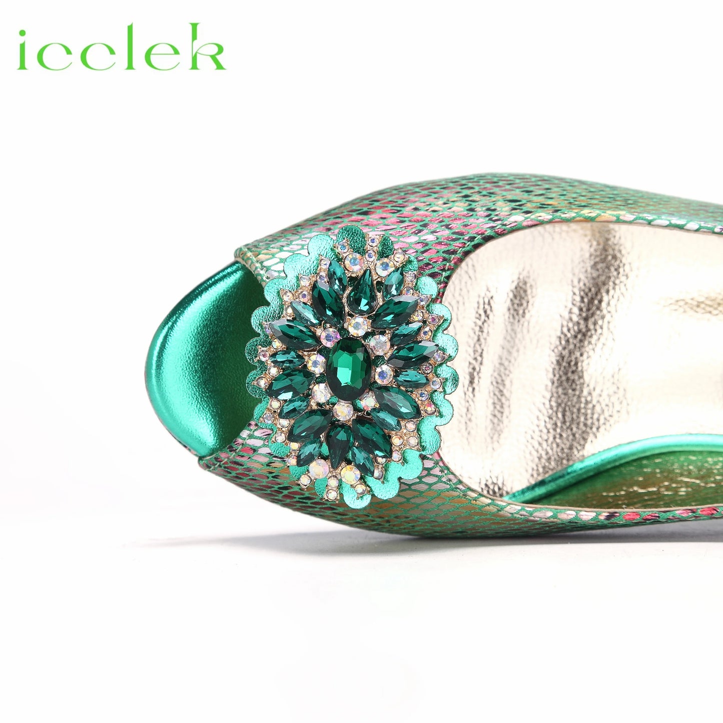 High Quality Peep Toe Snake pattern Special Design Ladies Party Shoes Matching Bag Set in Green Color