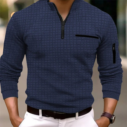 2025 Spring and Autumn New Men's Plaid Turtleneck Zipper Long Sleeve Polo Shirt Sports Breathable Business Casual Polo Shirt