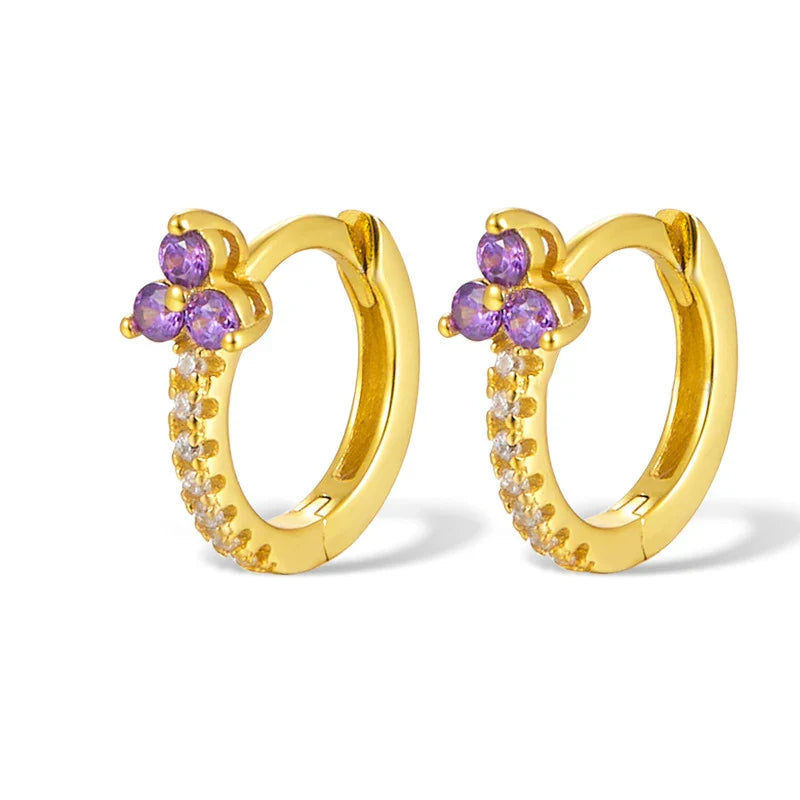 WANTME 925 Sterling Silver Romantic Color Zircon Three-petal Flower Stud Earrings for Women Fashion Huggies Piercing Jewelry