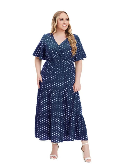 Plus Size Summer Polka Dot Print Long Ruffle Dress Women V-Neck Loose Pleated Casual Fashion Ladies Dresses New Woman Dress