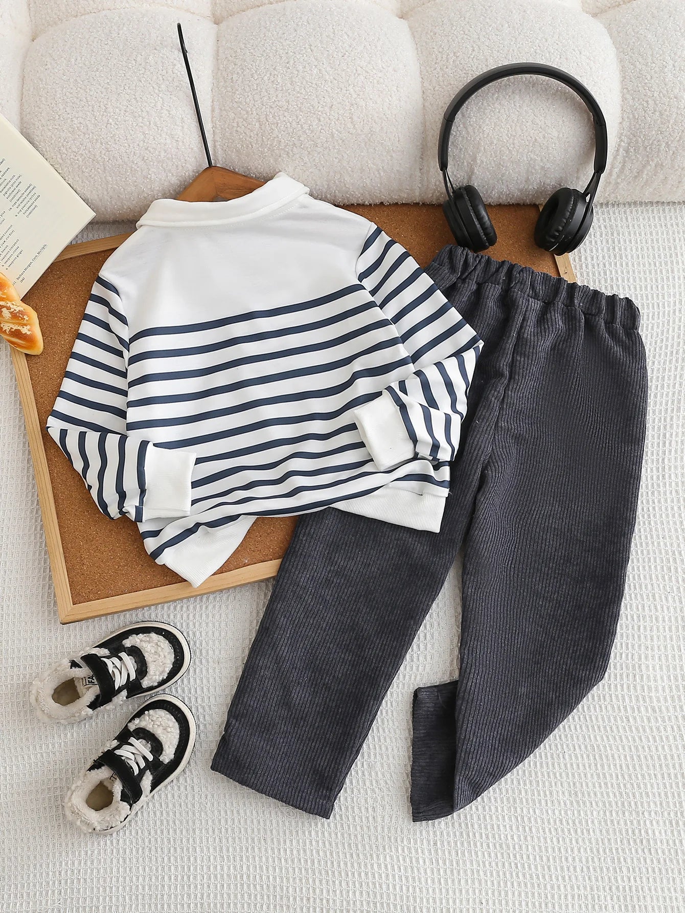 A Classic And Fashionable Two-Piece Set For Boys In Autumn And Winter, Featuring A Lapel Striped Top And Corduroy Trousers