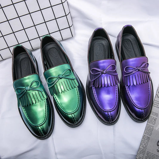 Mens Designer Casual Leather Luxury Office Purple Green Tassel Loafers Business Italian Wedding Dress Formal Male Shoes for Men
