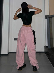 Y2K Pink Cargo Pants Women Kpop Style Streetwear Wide Leg Sweatpants