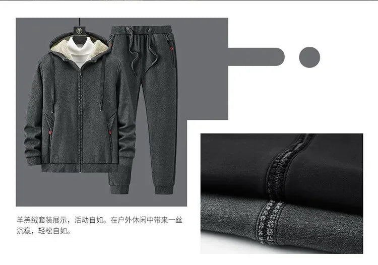 Men's Sets Jacket + pant Warm Fur Winter Sweatshirt Cashmere Tracksuit Men's Sets Fleece Thick Hooded Brand Casual Track Suits