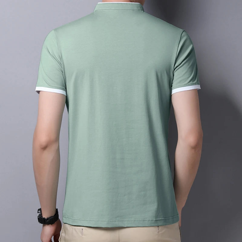 2025 New Men's Casual and Fashionable Solid Color Short Sleeved Stand Up Collar T-shirt Summer Versatile and Comfortable Top