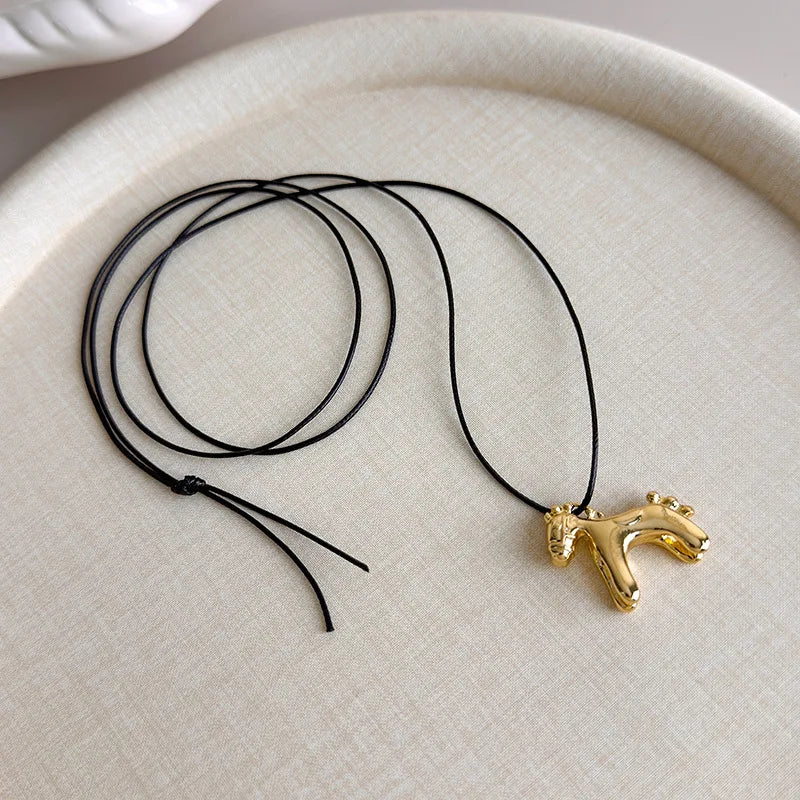 Minar Funny Metallic Cartoon Horse Multi Tassel Beads Pendant Necklaces for Women Female Adjustable Long Wax Rope Chain Chokers