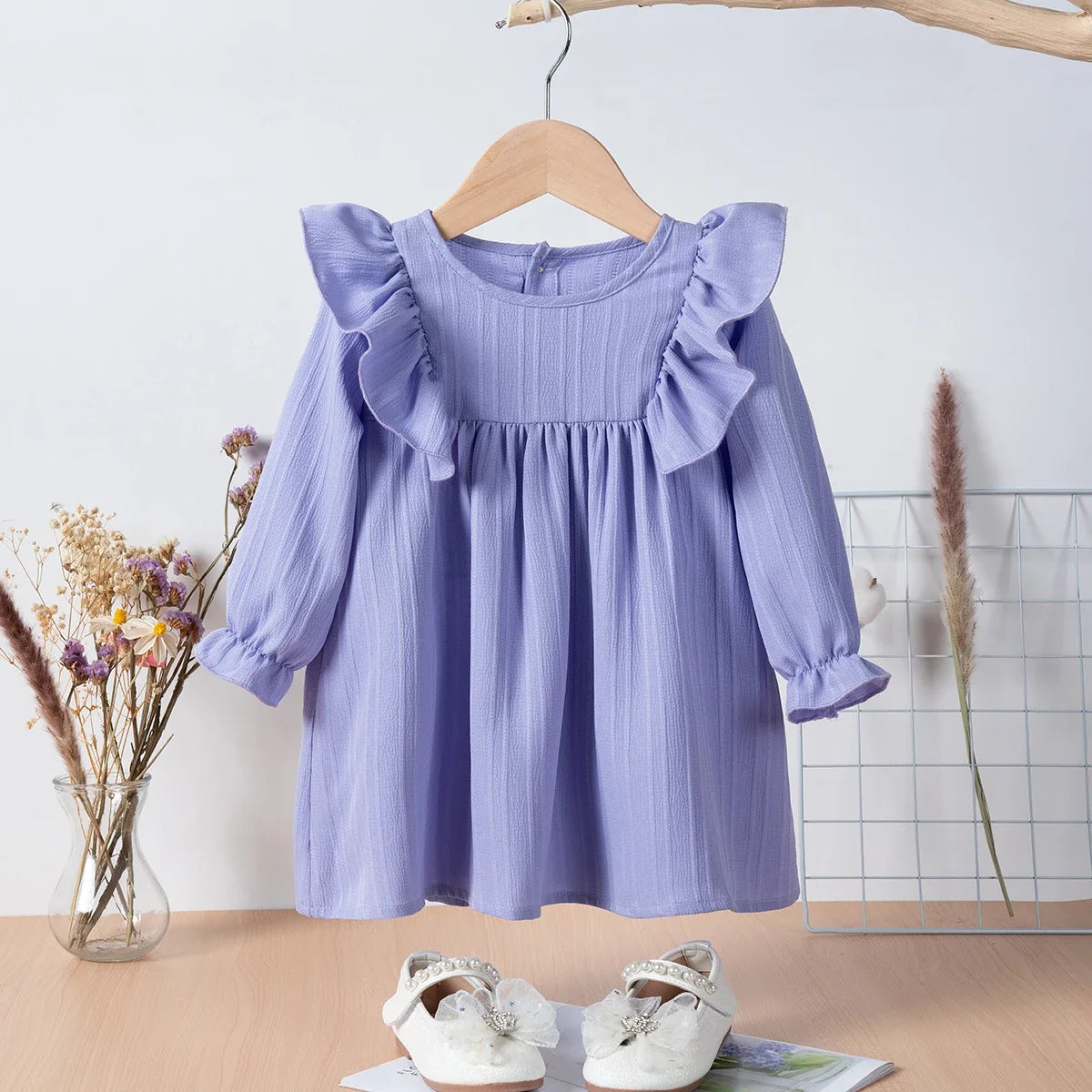 Baby Girl Fashion Autumn Dress Princess Style Solid Color Ruffle Edge Dress