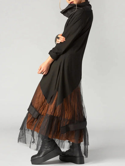 Plus Size Women's Dress Cowl Neck Patchwork Mesh Tiered Long Sleeve Maxi Dress A-Line Aysmmetric Hem Dress-Only Black Part