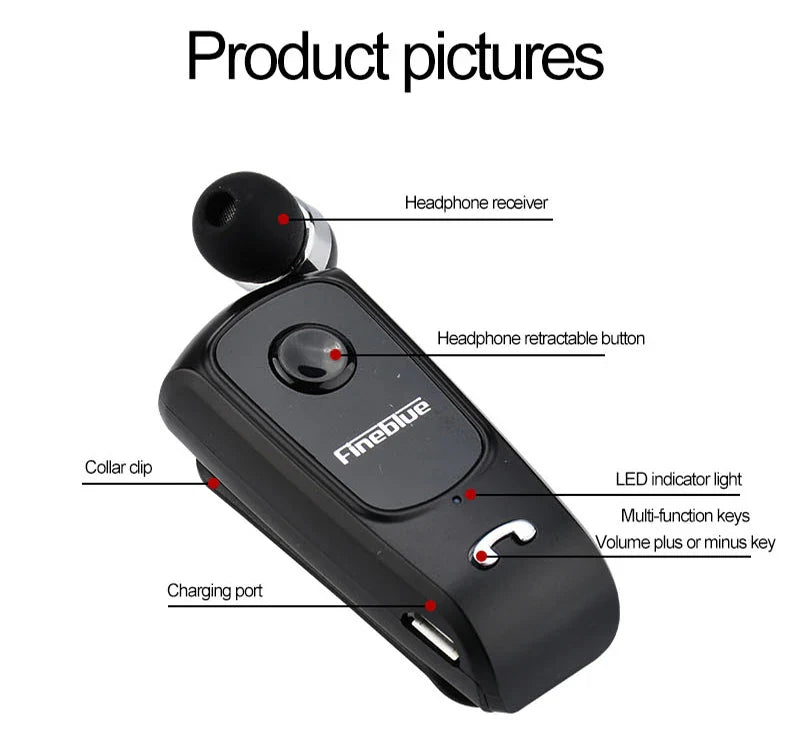 Fineblue F920 Wireless Retractable Portable Mini Bluetooth Headset Calls Remind Vibration Wear Clip Sports Running Earphone