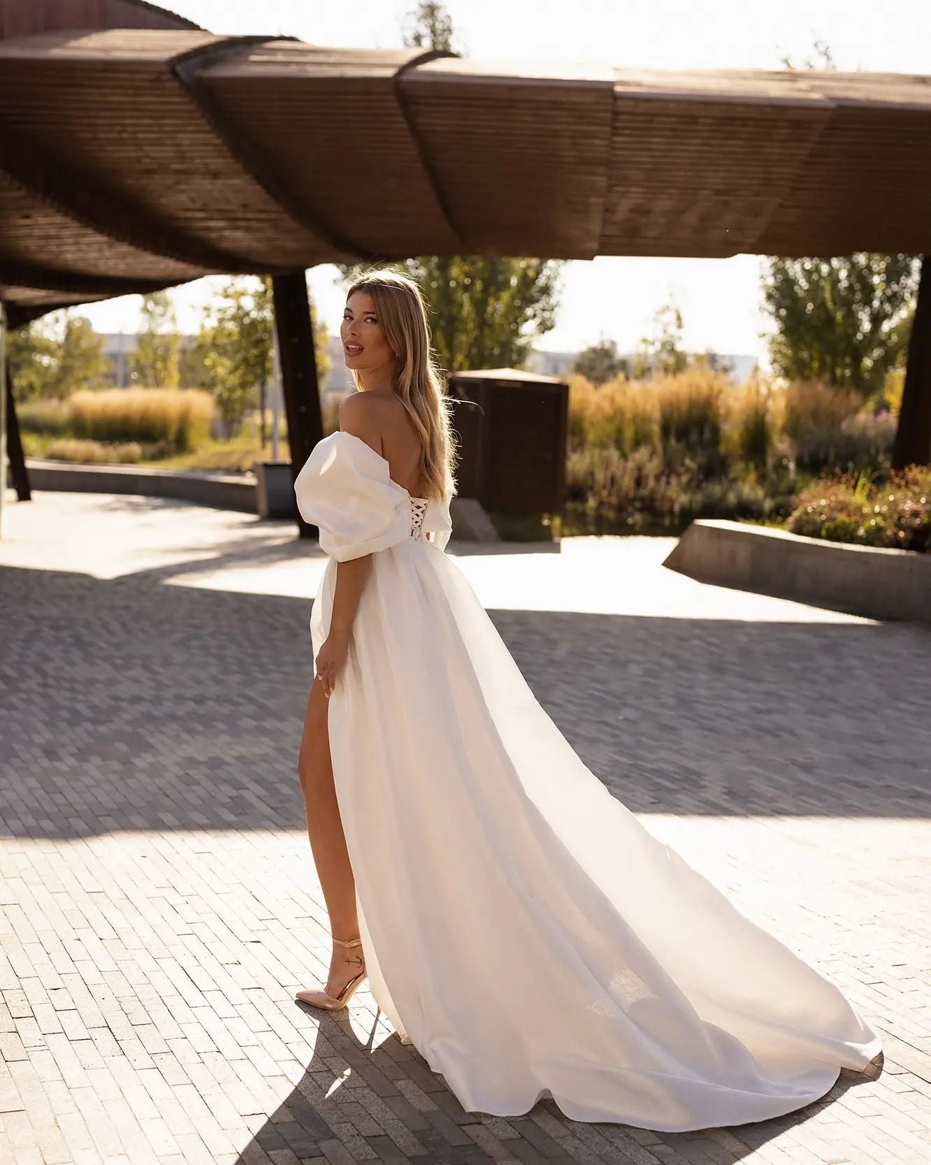 White Bridesmaid Dresses: Off the Shoulder Side Slit Satin Bridal Dress Bow Sweetheart