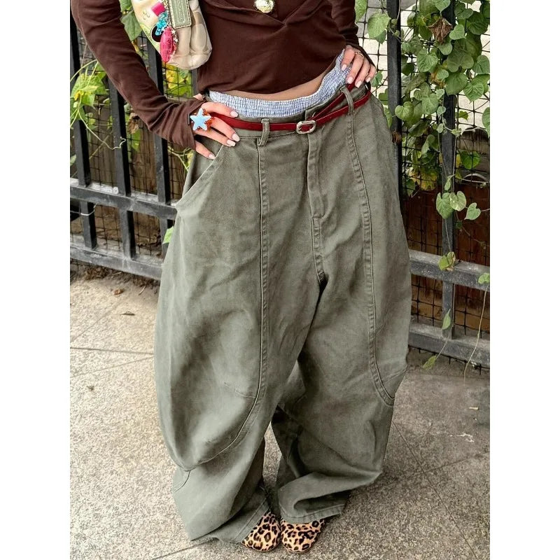 Deeptown Y2K Vintage Women Cargo Pants Harajuku Oversized Wide Leg American Retro Pants Baggy Casual Summer Thin Trousers Gyaru