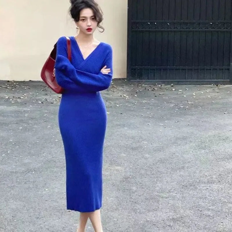 Formal attire Dresses: Knitted Long Clothes Robe V Neck Solid Dresses