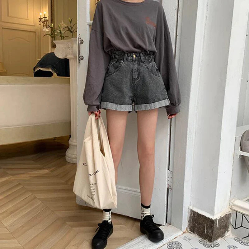 ZMZBCH Summer High Waist Denim Shorts Women Casual Loose Ladies Fashion Plus Size Elastic Waist Wide Leg Short Jeans Female