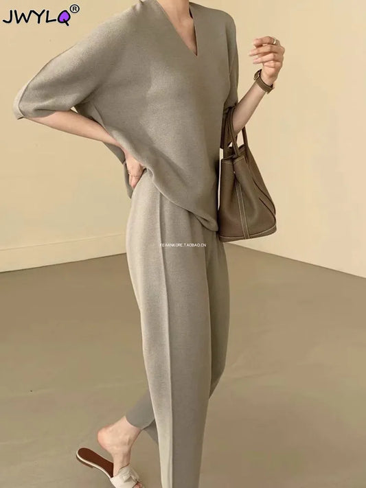 Solid Color Loose Knitted 2 Piece Sets Womens Spring Summer V-neck Half Sleeve