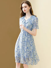 EVNISI Women Chic Blue Printing Chiffon Dress V-neck Short Sleeve Elegant Office