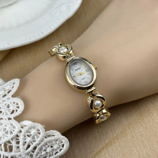 Luxury Pearl Inlaid Bracelet Watch Fashion Women Quartz Watch Brand Oval Dial Dress Wristwatches Dropshipping Relojes Para Mujer