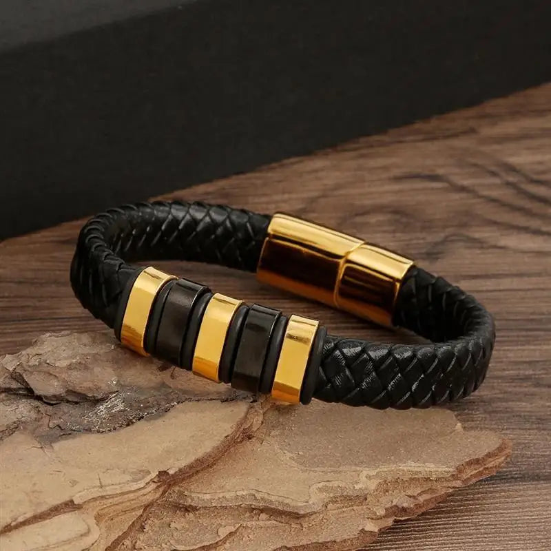 Punk Men Leather Bracelet with Stainless Steel Magnetic Clasp Braided Mutilayer Leather Wrapping Bangles Man Jewelry Gift