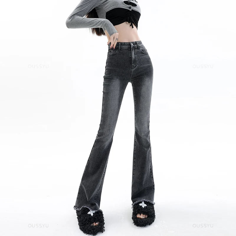 Spring Summer Flared Jeans Women Cotton Vintage Blue Denim Pants