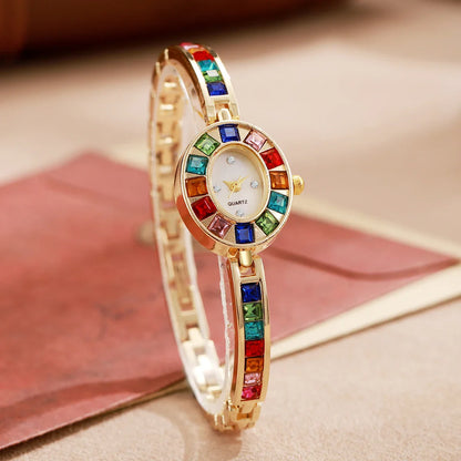 1PC Women's Retro Style Quartz Watch Elegant Ladies' Style Colorful Diamond Set Dial Compact Watch Women's Watch Holiday Gift