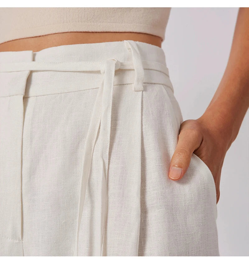 Linen Women's Pants Solid High Waist Bandage Up Elegant Office Lady Trouser