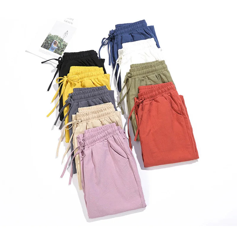 Womens Spring Summer Pants Cotton Linen Solid Elastic waist Candy Colors Pants