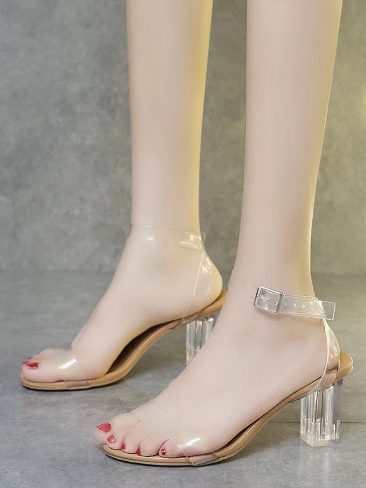 High Heel Summer Women 2022 Thick Heel Transparent Belt PVC Plus Size Women Sandals Closed Toe Ladies Sandal Heels Sandaleas