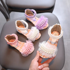 Girls Sandals Summer Fashion Pearl Lace Princess Shoes Flat Heels Kids Beach Sandals