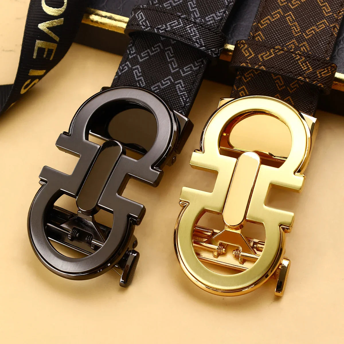 Men's Sleek Automatic Buckle Belt - Genuine FauxwithTextured Square Pattern, Black, Simple & Stylish DesignforCasual Attire