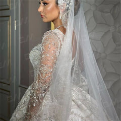 Bride Dress Long Sleeve Sequined Rhinestones Wedding Gown Bridal Robe