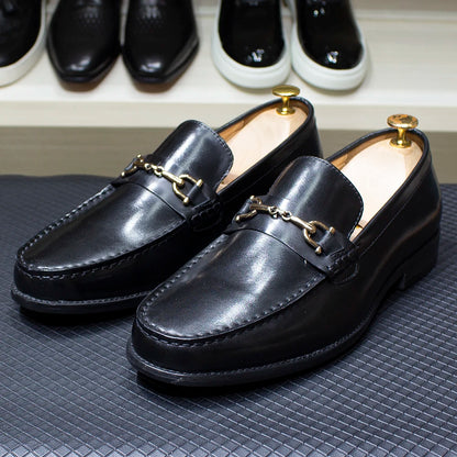 Classic Italian Style Mens Metal Chain Loafers Genuine Leather Slip on Dress Shoes for Men Casual Business Wedding Formal Shoes